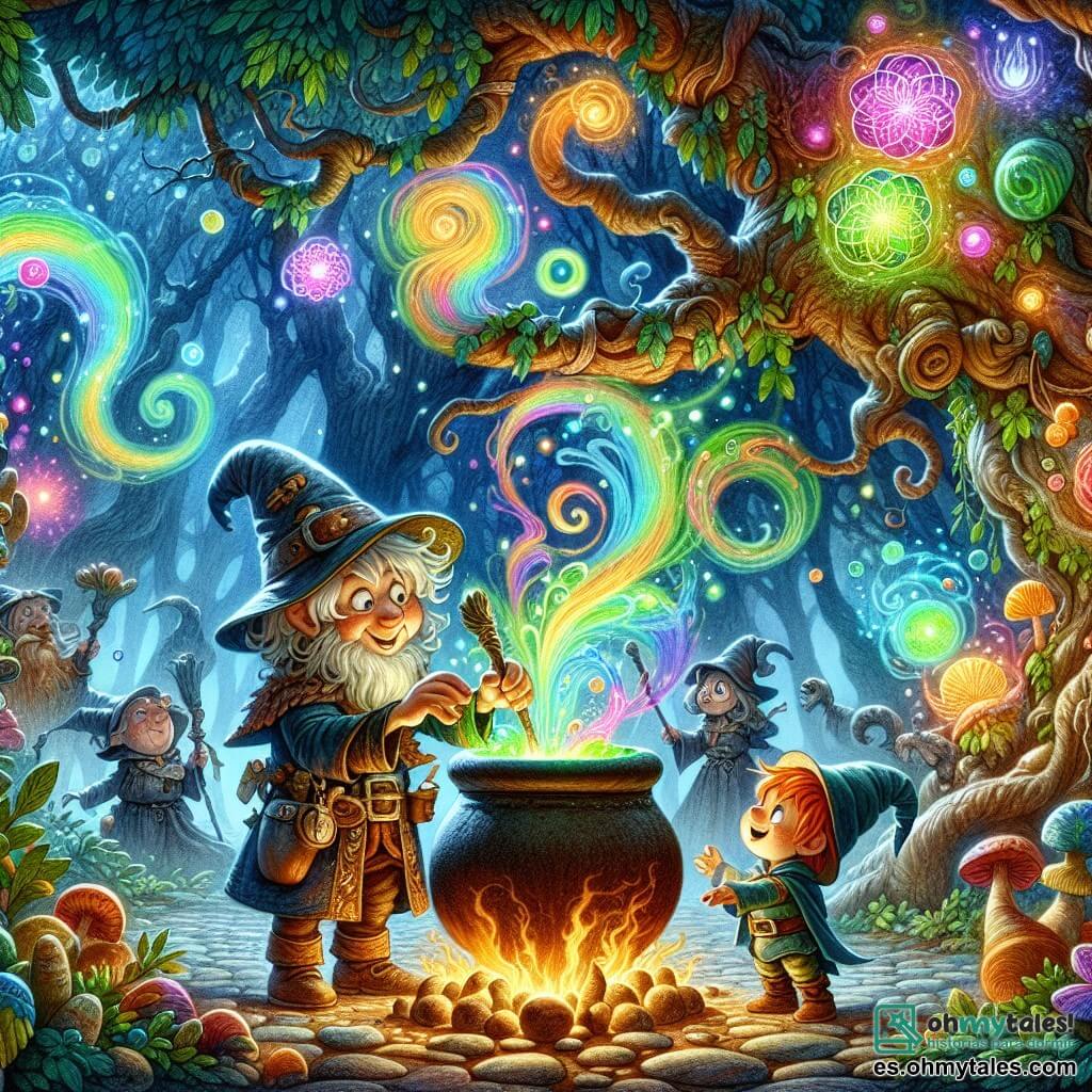 Une illustration destinée aux enfants représentant un petit apprenti sorcier, un personnage secondaire malicieux, une forêt enchantée aux arbres tordus et aux fleurs lumineuses, et une situation où une potion magique échappée d'un chaudron crée des tourbillons de fumée colorée.