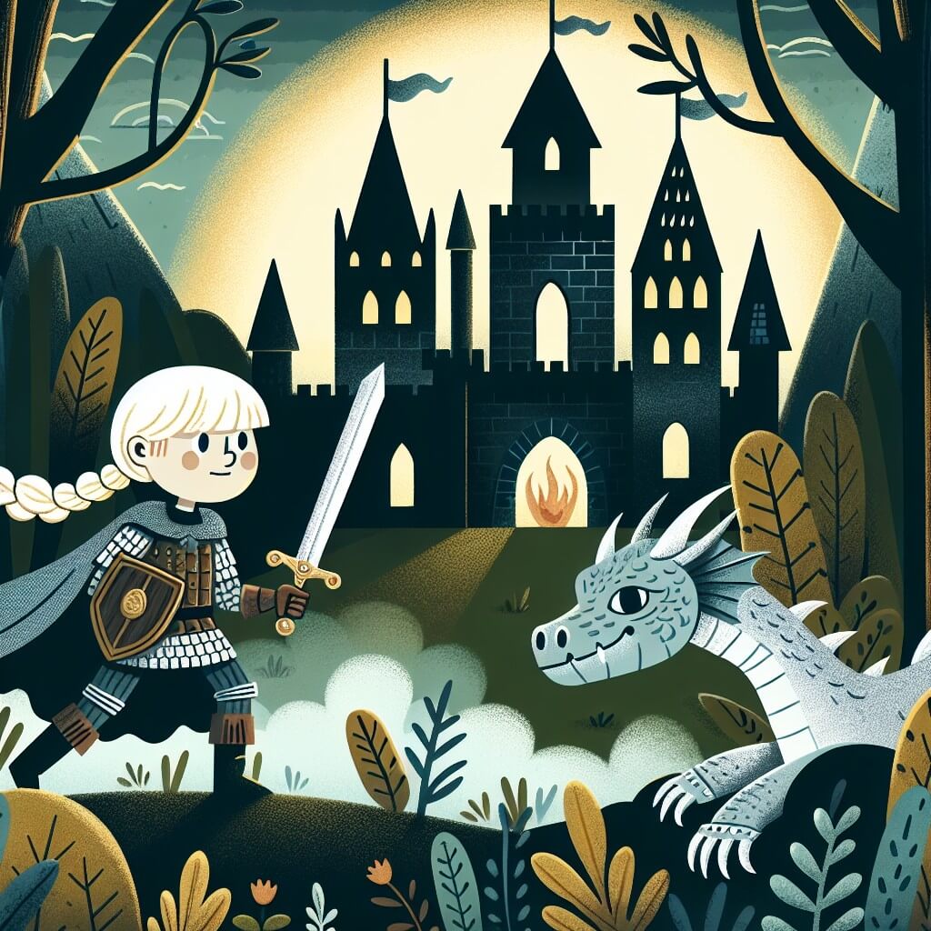 Une illustration destinée aux enfants représentant une chevalière courageuse, prête à affronter les dangers d'un sombre château hanté avec l'aide de son fidèle compagnon, un dragon aux écailles argentées, dans un paysage boisé et mystérieux, où la brume se mêle aux rayons dorés du soleil couchant.