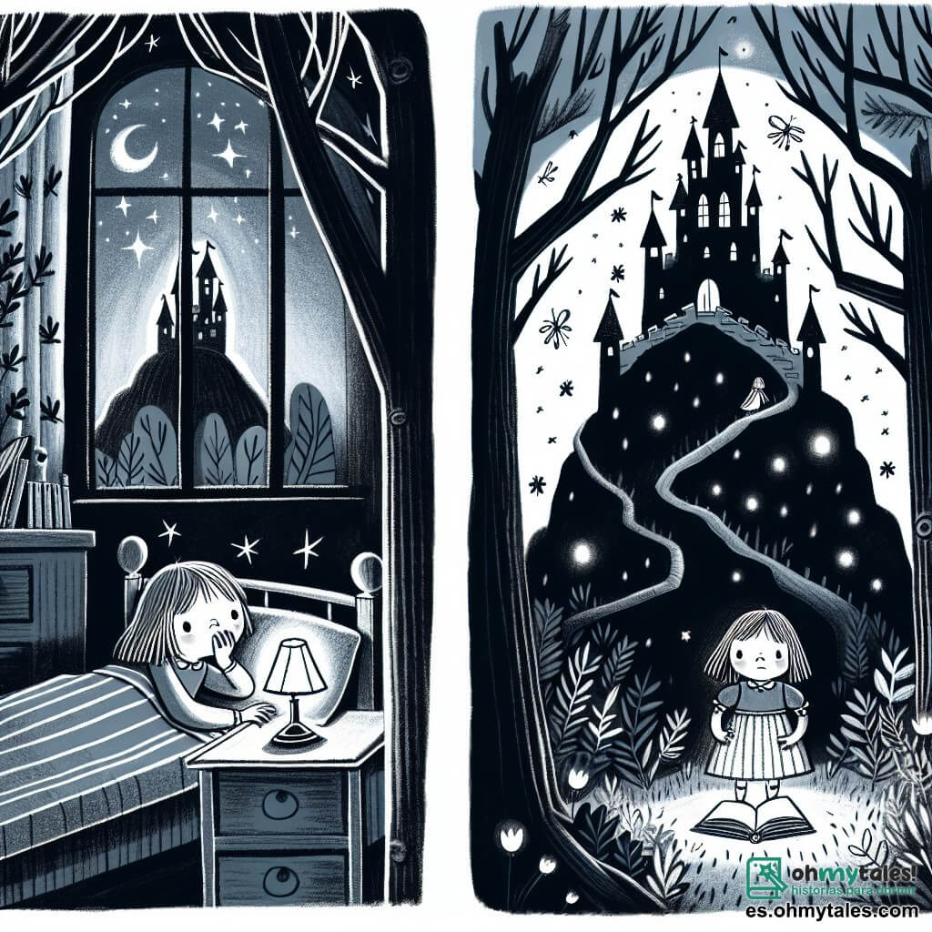 Une illustration destinée aux enfants représentant une petite fille intrépide, qui a peur du noir, se retrouvant dans sa chambre sombre avec pour seul compagnon une petite lampe allumée, dans un château enchanté perché au sommet d'une montagne mystérieuse, entouré de grands arbres aux branches noueuses et de lucioles scintillantes.