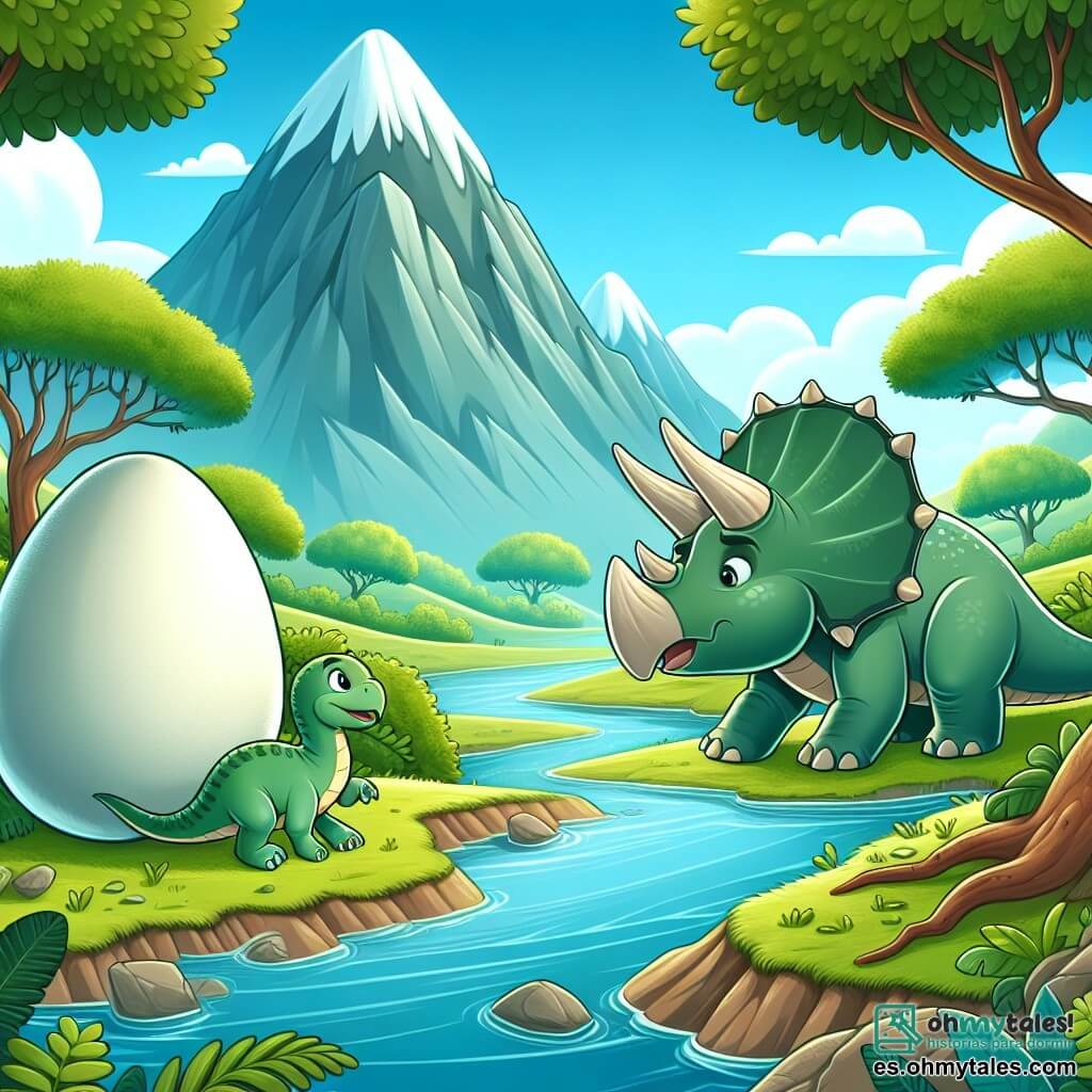 Une illustration destinée aux enfants représentant un tricératops courageux découvrant un mystérieux œuf géant, accompagné de sa jeune amie dinosaure, dans un monde luxuriant de vallées verdoyantes et rivières cristallines.