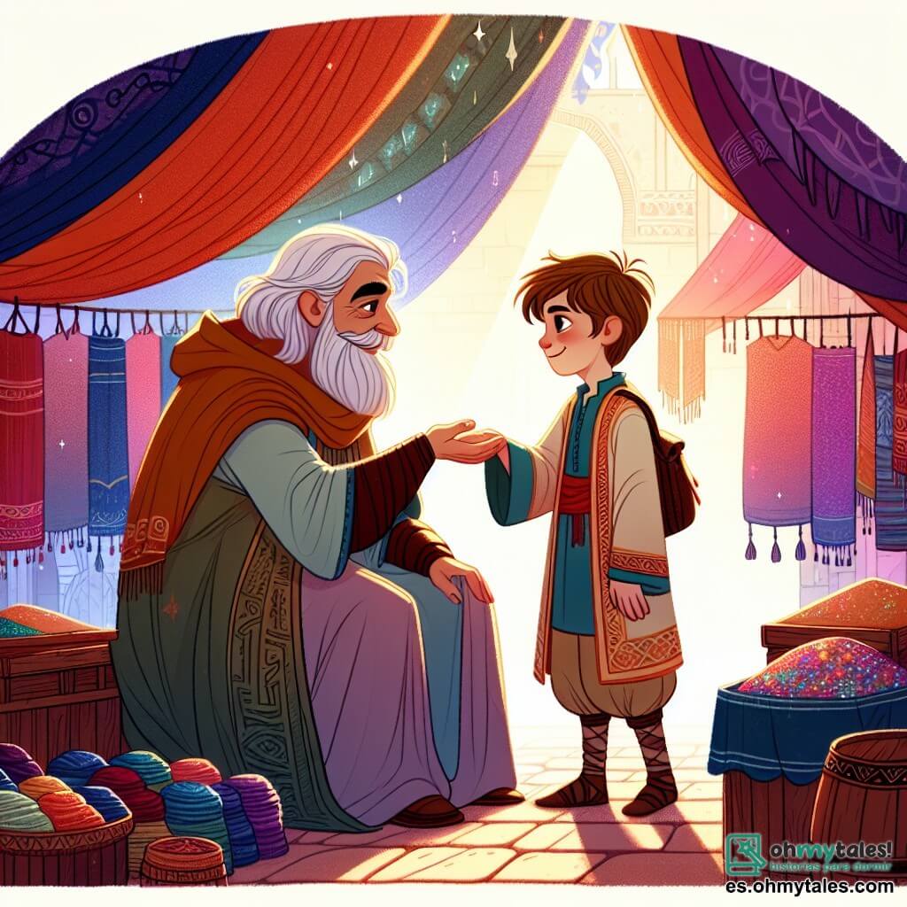 Une illustration destinée aux enfants représentant un jeune garçon humble et généreux, faisant un échange avec un ancien mystérieux, entourés par un marché animé aux couleurs vives et aux étoffes chatoyantes, dans un pays lointain rempli de magie et de promesses.