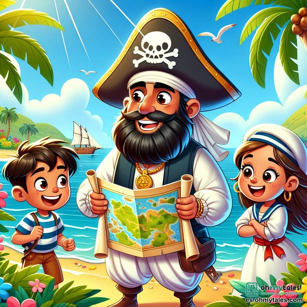 Une illustration sous forme de dessin destinée aux enfants représentant une île tropicale ensoleillée avec des palmiers et des fleurs colorées, où un homme au grand chapeau de pirate, avec une barbe brune et un sourire courageux, tient une carte au trésor tout en regardant avec détermination vers une caverne mystérieuse, tandis qu'un garçon au regard curieux et une fille aux cheveux longs et blonds, vêtus de vêtements de marin, l'observent avec excitation, le tout dans une ambiance d'aventure et de camaraderie, avec un ciel bleu et des vagues douces en arrière-plan.