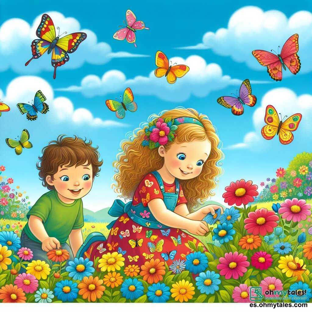 Une illustration sous forme de dessin destinée aux enfants représentant un jardin en pleine floraison au printemps, avec une petite fille de 3 ans aux cheveux bouclés et blonds, portant une robe colorée ornée de motifs de mariposas, qui s'agenouille joyeusement pour cueillir des fleurs multicolores, tandis qu'un garçon de son âge, aux cheveux bruns et portant un t-shirt vert, l'observe avec un grand sourire, entourés de papillons virevoltant et d'un ciel bleu éclatant, illustrant leur aventure de découverte et d'amitié au cœur de la nature.
