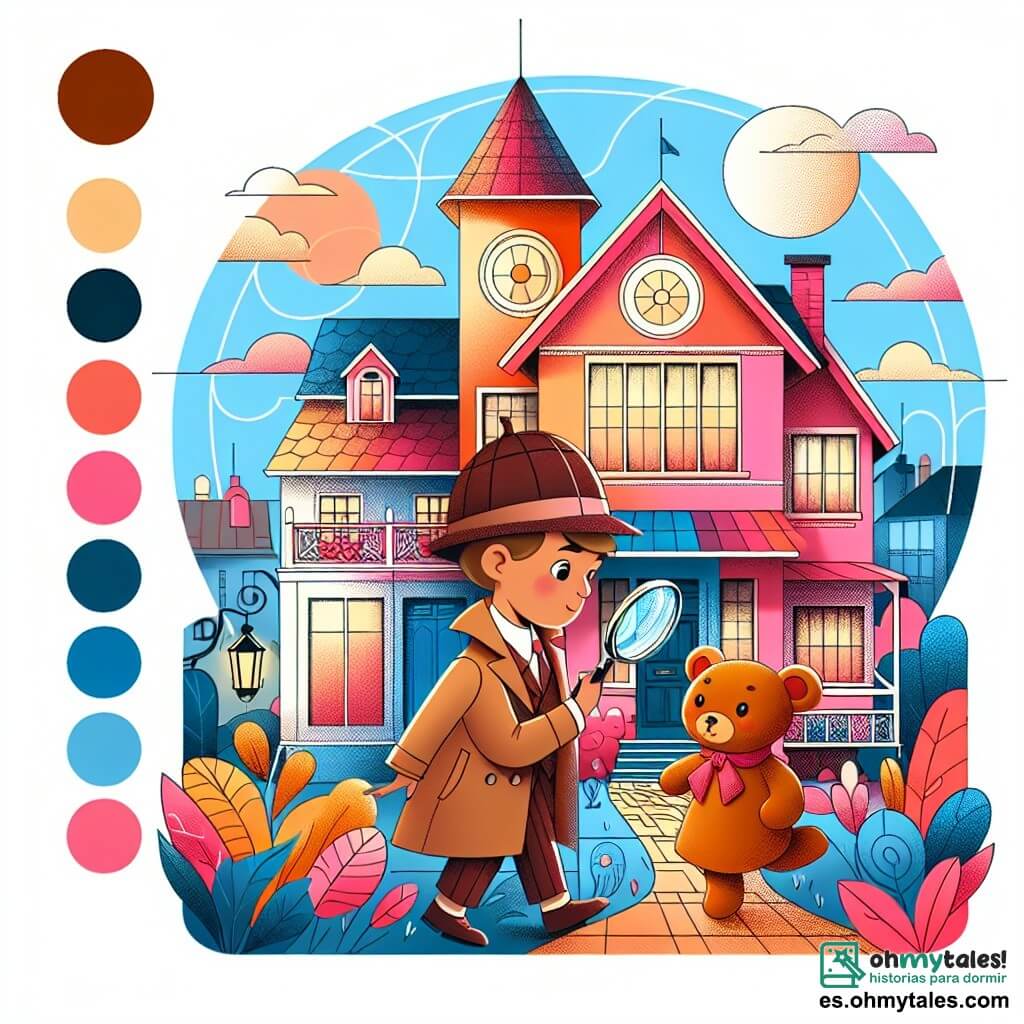 Une illustration destinée aux enfants représentant un petit garçon en détective, accompagné d'une fillette, explorant une maison colorée de Villa Arcoíris à la recherche d'un mystérieux osito disparu.