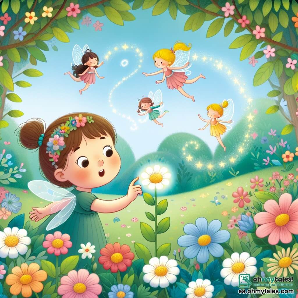 Une illustration destinée aux enfants représentant une jeune fille curieuse qui se retrouve dans un monde magique rempli de fleurs colorées et de fées virevoltantes, après avoir touché une fleur spéciale dans un paisible jardin printanier.