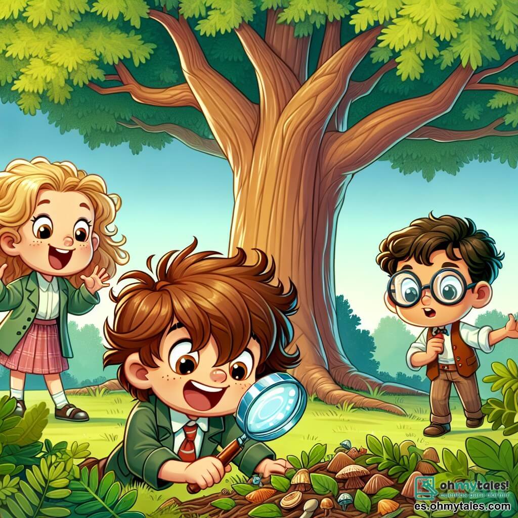 Une illustration sous forme de dessin destinée aux enfants représentant un parc verdoyant avec de grands arbres et un ciel bleu, où un garçon de 9 ans au cheveux castaigns désordonnés et aux yeux pétillants, fouille avec enthousiasme sous un majestueux chêne, tandis que deux de ses amis, une fille aux cheveux dorés en boucles qui sourit joyeusement et un garçon intelligent portant des lunettes et tenant une loupe, l'observent avec curiosité, tous trois en pleine quête d'un trésor mystérieux, entourés de feuilles et de petits objets cachés, évoquant une ambiance d'aventure et de camaraderie.