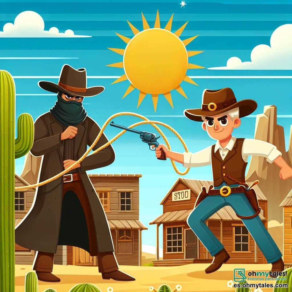 Une illustration destinée aux enfants représentant un courageux cow-boy, vêtu d'un chapeau de cowboy et d'un laço à la ceinture, affrontant un redoutable bandit dans un petit village du Far West, entouré de cabanes en bois, cactus géants et un soleil brûlant dans le ciel bleu azur.