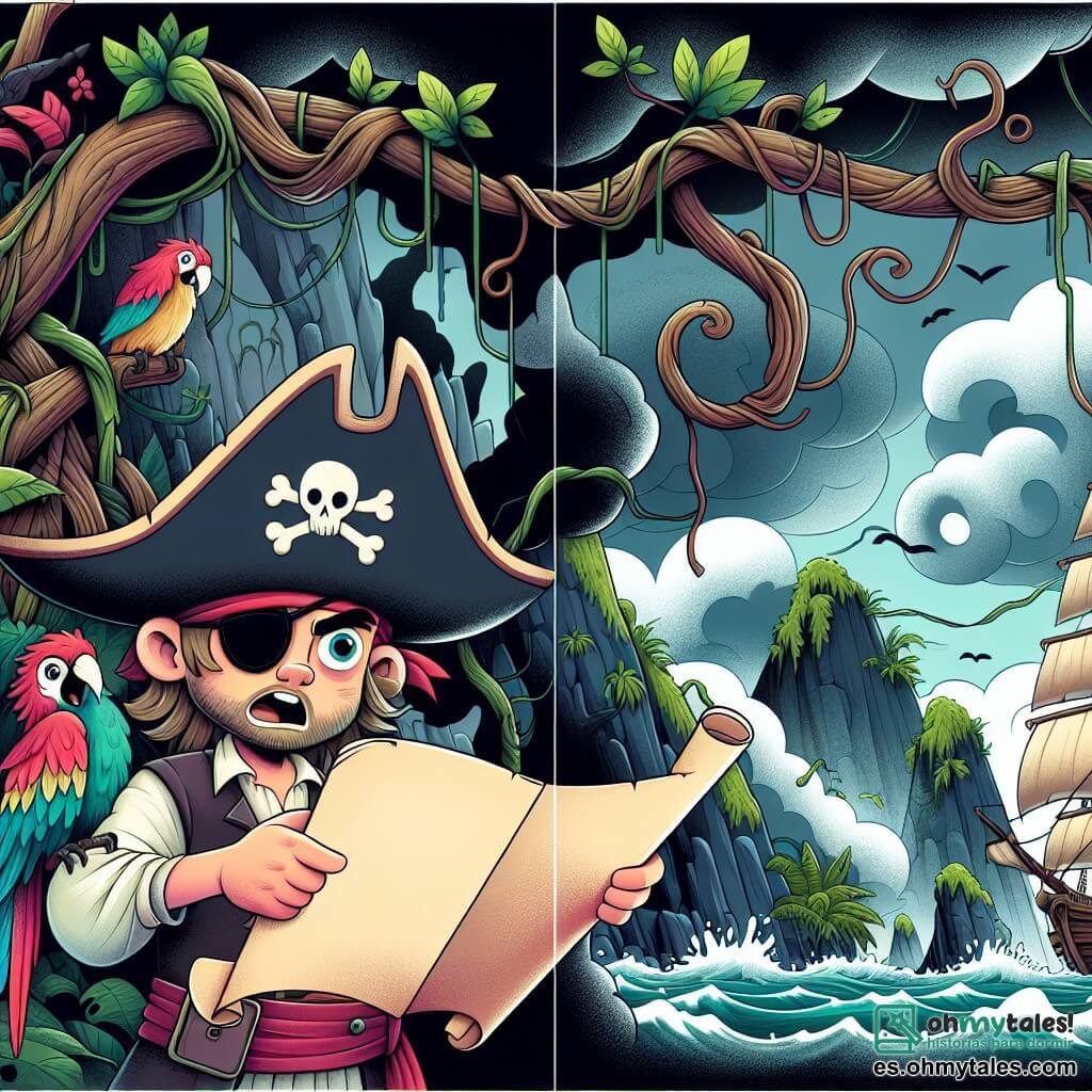Une illustration destinée aux enfants représentant un pirate intrépide au parchemin sur l'œil, accompagné de son perroquet bavard, explorant une île mystérieuse aux arbres tordus et aux enchevêtrements de lianes, tandis qu'une tempête furieuse menace leur navire.