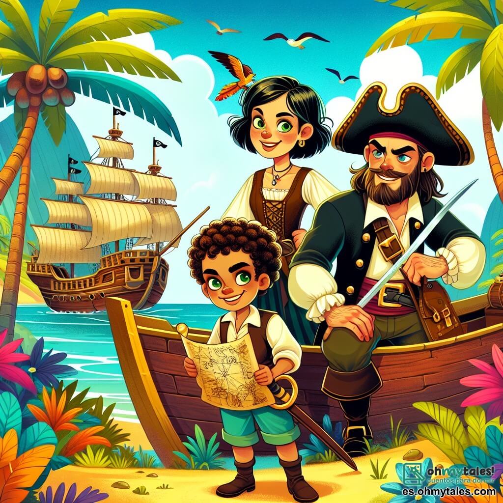 Une illustration sous forme de dessin destinée aux enfants représentant une île tropicale ensoleillée avec des palmiers et des fleurs colorées, où une courageuse capitaine pirate aux cheveux noirs et aux yeux verts, portant un chapeau orné de plumes, se tient fièrement sur le rivage, tenant une carte au trésor, tandis qu'à ses côtés, un garçon musclé avec un sourire espiègle, son premier mate, ajuste le gouvernail d'un bateau en bois, et une fille astucieuse aux cheveux bouclés et lunettes, examinant un ancien parchemin, tous trois prêts à affronter le redoutable Barbanegra qui les observe de son navire rival, le "Serpiente del Mar", dans une atmosphère d'aventure et de mystère.