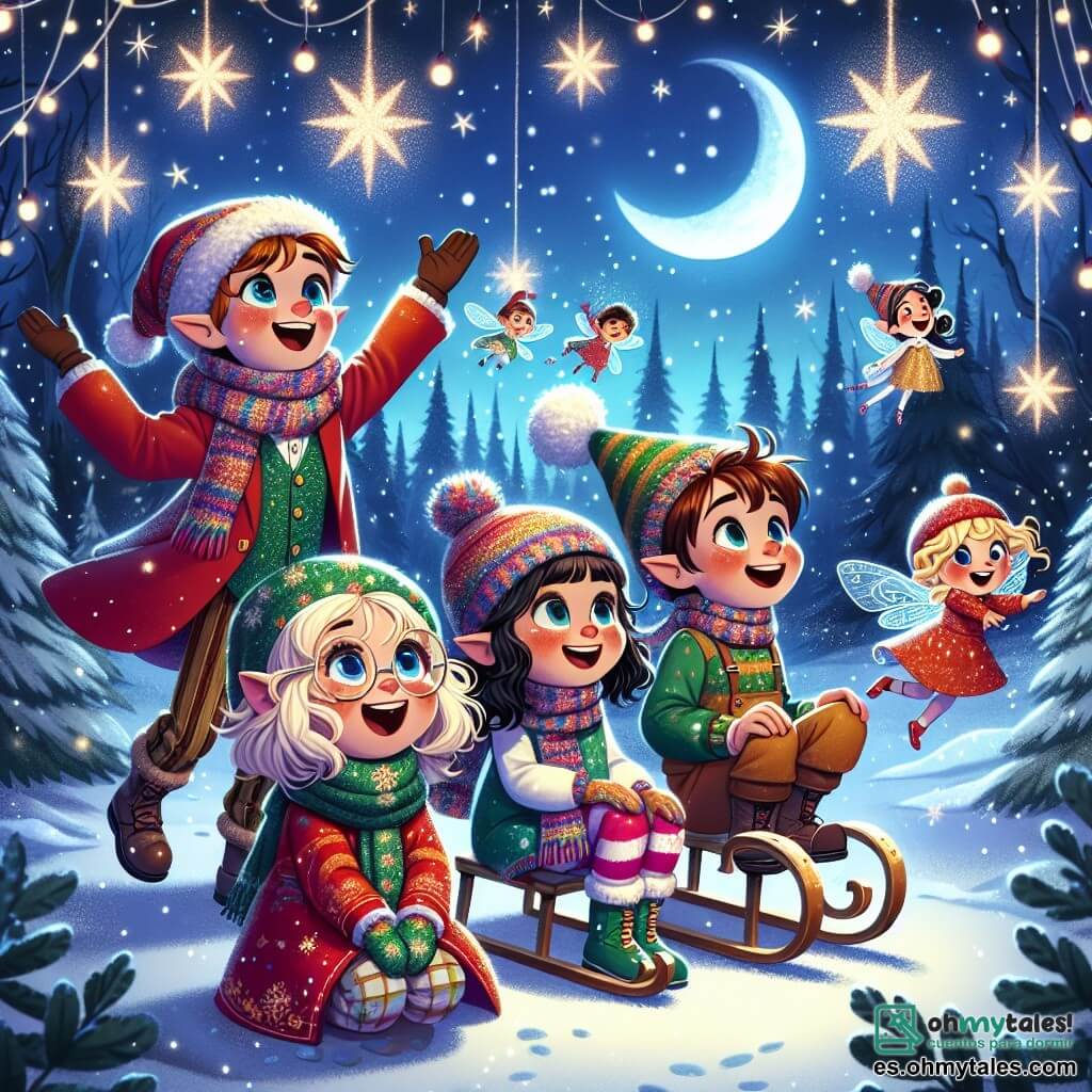 Ilustración que representa una mágica luz de luna en un bosque nevado, donde los copos de nieve brillan como estrellas. En el centro, un grupo de cuatro niños está en círculo, maravillados. Hay un niño de 8 años, con el cabello castaño alborotado y una sonrisa radiante, que lleva un abrigo rojo brillante. A su lado, una niña de 7 años, con largas trenzas rubias y una bufanda colorida, levanta los brazos al aire con alegría. Otro niño, de 9 años, con cabello castaño y gafas, está sentado en un trineo, riendo con entusiasmo. Por último, una niña de 6 años, con rizos negros y un gorro de lana, mira las estrellas con ojos asombrados. 

Bailan alrededor de un pequeño elfo, que mide apenas 30 centímetros, con orejas puntiagudas y un traje verde brillante, iluminado por una luz dorada. El elfo sonríe y agita su mano, mientras pequeñas hadas brillantes vuelan alrededor de ellos, dejando una estela de polvo de estrellas. Al fondo, majestuosos árboles cubiertos de nieve y guirnaldas de luces brillantes crean una atmósfera festiva y encantada.