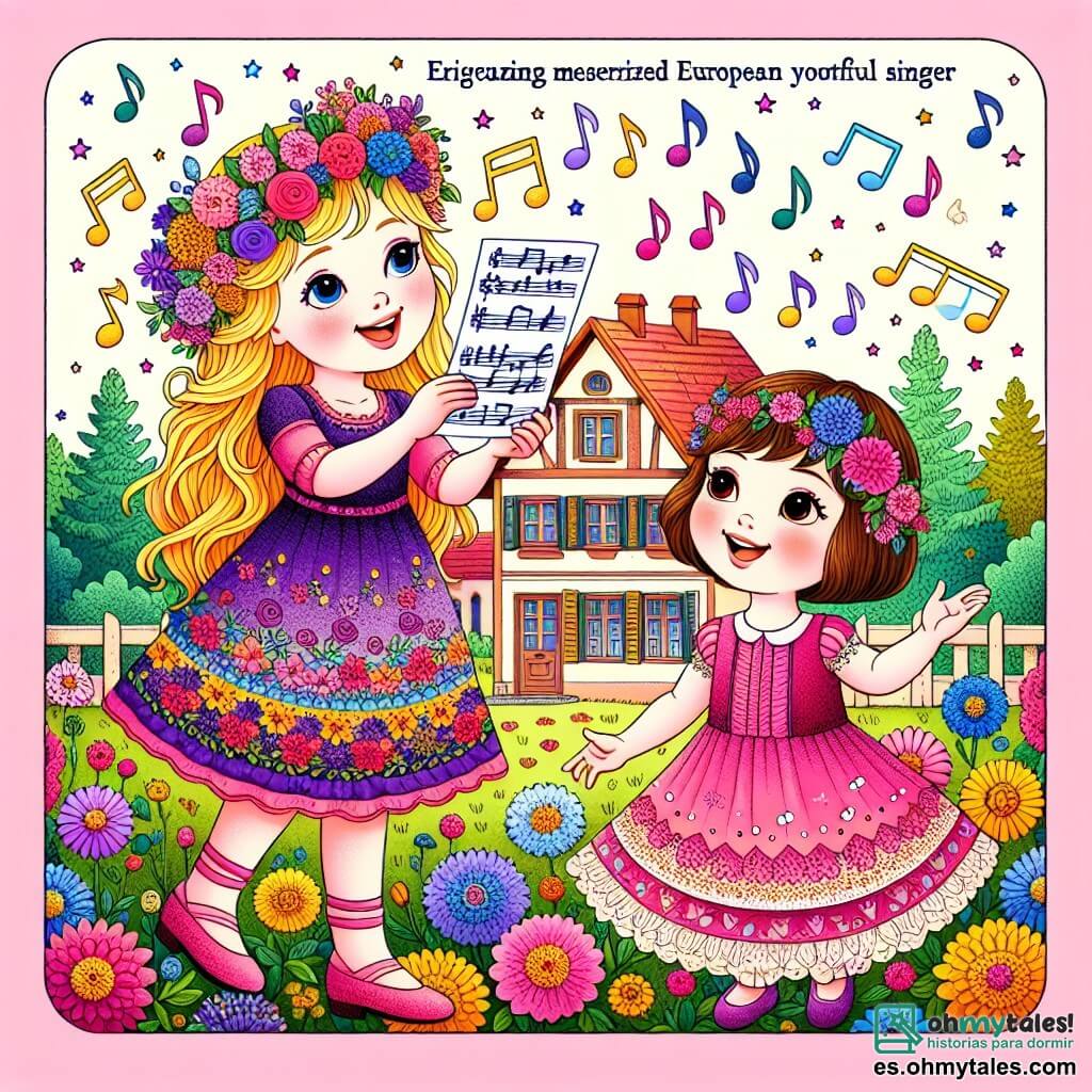Une illustration destinée aux enfants représentant une chanteuse talentueuse, une jeune fille, accompagnée de sa fidèle amie, une petite fille, pratiquant des chansons enchantées dans un jardin fleuri et coloré d'un petit village appelé Sonrisa.