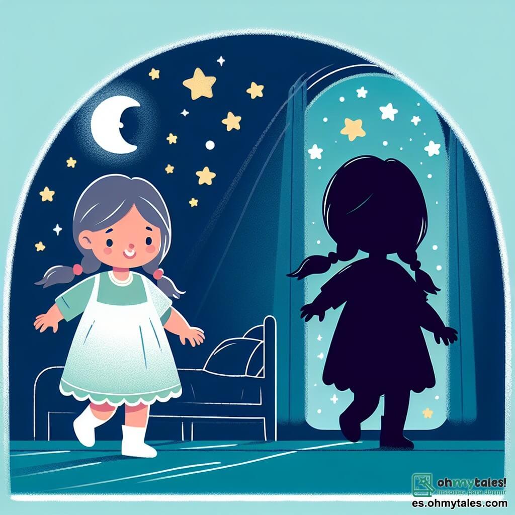 Une illustration destinée aux enfants représentant une petite fille intrépide, confrontée à sa peur du noir, accompagnée d'une amicale ombre dans une chambre remplie d'étoiles scintillantes et de lueur de lune.