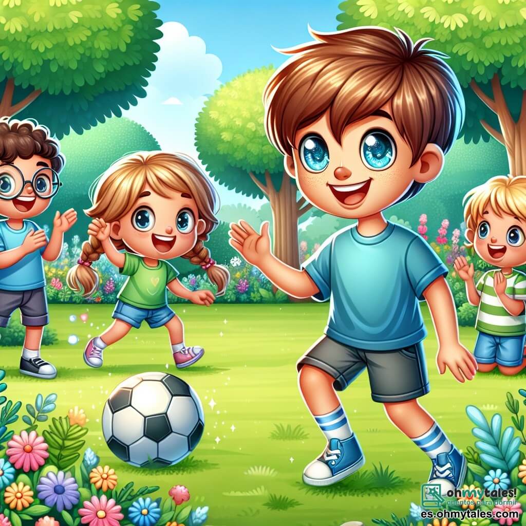 Une illustration sous forme de dessin destinée aux enfants représentant un parc ensoleillé avec des arbres verdoyants et des fleurs colorées, où un garçon de 11 ans aux cheveux bruns et aux yeux pétillants, vêtu d'un t-shirt bleu et de shorts, est en train de rire et de jouer au football avec un groupe d'enfants, dont une fille aux cheveux blonds tressés qui tient un ballon et un garçon aux lunettes rondes qui applaudit, illustrant la joie de l'amitié et l'importance de se déconnecter des écrans pour profiter du monde réel.