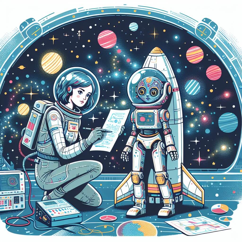 Une illustration destinée aux enfants représentant une astronaute intrépide, sur le point de résoudre un problème technique critique avec l'aide d'un robot futuriste, dans une navette spatiale scintillante voyageant à travers un ciel étoilé parsemé de planètes colorées.