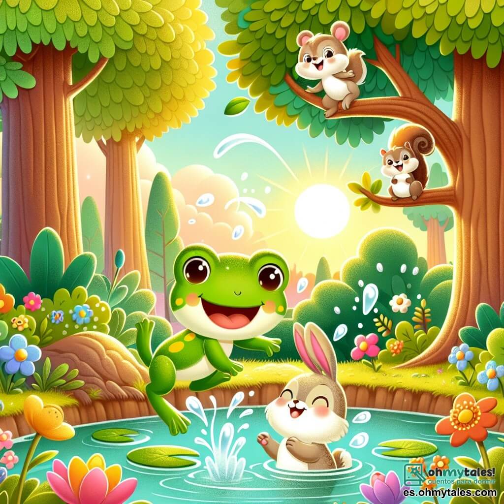 Ilustración que representa un encantador estanque pequeño rodeado de grandes árboles con hojas verdes brillantes, con flores coloridas que crecen en las orillas. En el centro de la imagen, una rana alegre, con piel verde salpicada de manchas amarillas y grandes ojos brillantes, salta al agua salpicando gotas centelleantes. Cerca, una pequeña ardilla de pelaje marrón claro, con una cola esponjosa y ojos traviesos, se encuentra en una rama, riendo y mirando a la rana. Un pequeño conejo de grandes orejas, con pelaje blanco y suave, se acerca sonriendo, listo para unirse a la fiesta. La escena irradia una atmósfera de alegría y camaradería, con salpicaduras de agua y risas flotando en el aire, mientras el sol brilla arriba, creando reflejos dorados en el estanque.