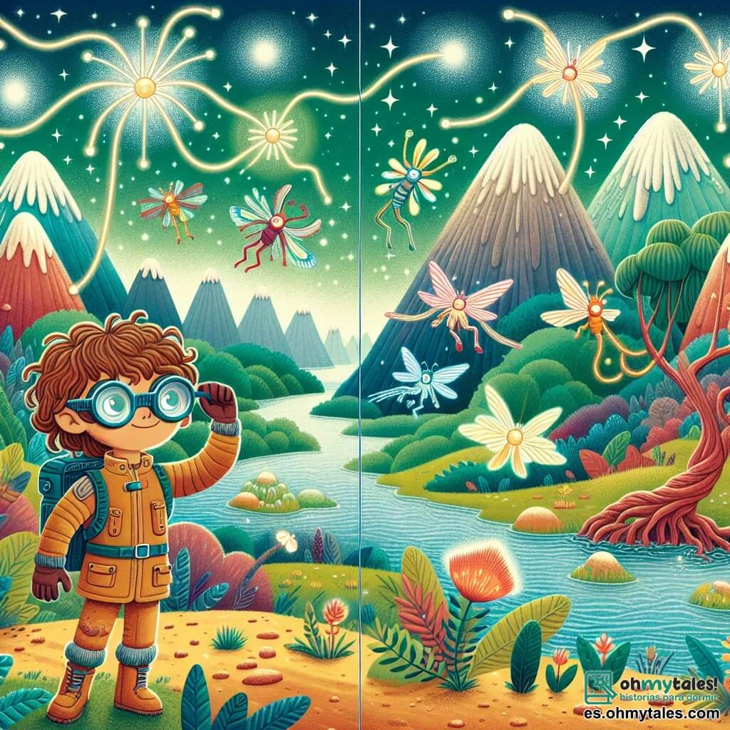 Une illustration destinée aux enfants représentant un explorateur spatial courageux, un garçon aux cheveux bouclés et aux lunettes spéciales, rencontrant des créatures de lumière brillantes et volantes dans une jungle luxuriante sur la planète Verdia, où les rivières cristallines serpentent entre les montagnes majestueuses et les prairies colorées.