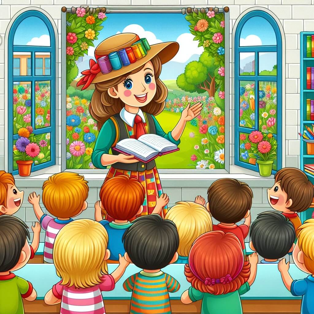 Une illustration destinée aux enfants représentant un instituteur bienveillant, vêtu d'une chemise colorée et d'un chapeau en forme de livre, enseignant à un groupe d'enfants joyeux dans une salle de classe lumineuse et remplie de livres colorés, avec des fenêtres donnant sur un jardin fleuri et des arbres verts.