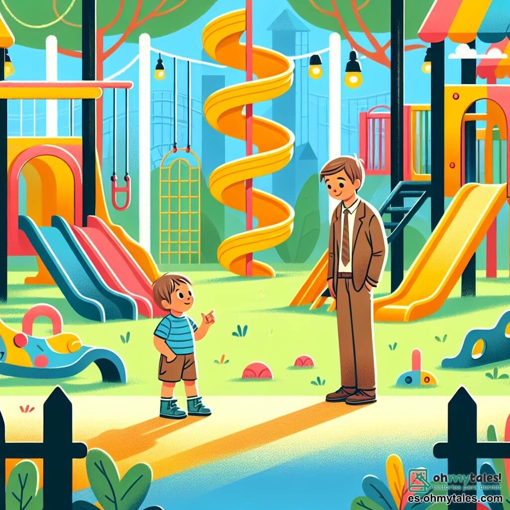Une illustration destinée aux enfants représentant un petit garçon curieux et aventureux qui fait la rencontre d'un autre enfant solitaire dans un parc verdoyant rempli de toboggans, balançoires et un grand terrain pour jouer.