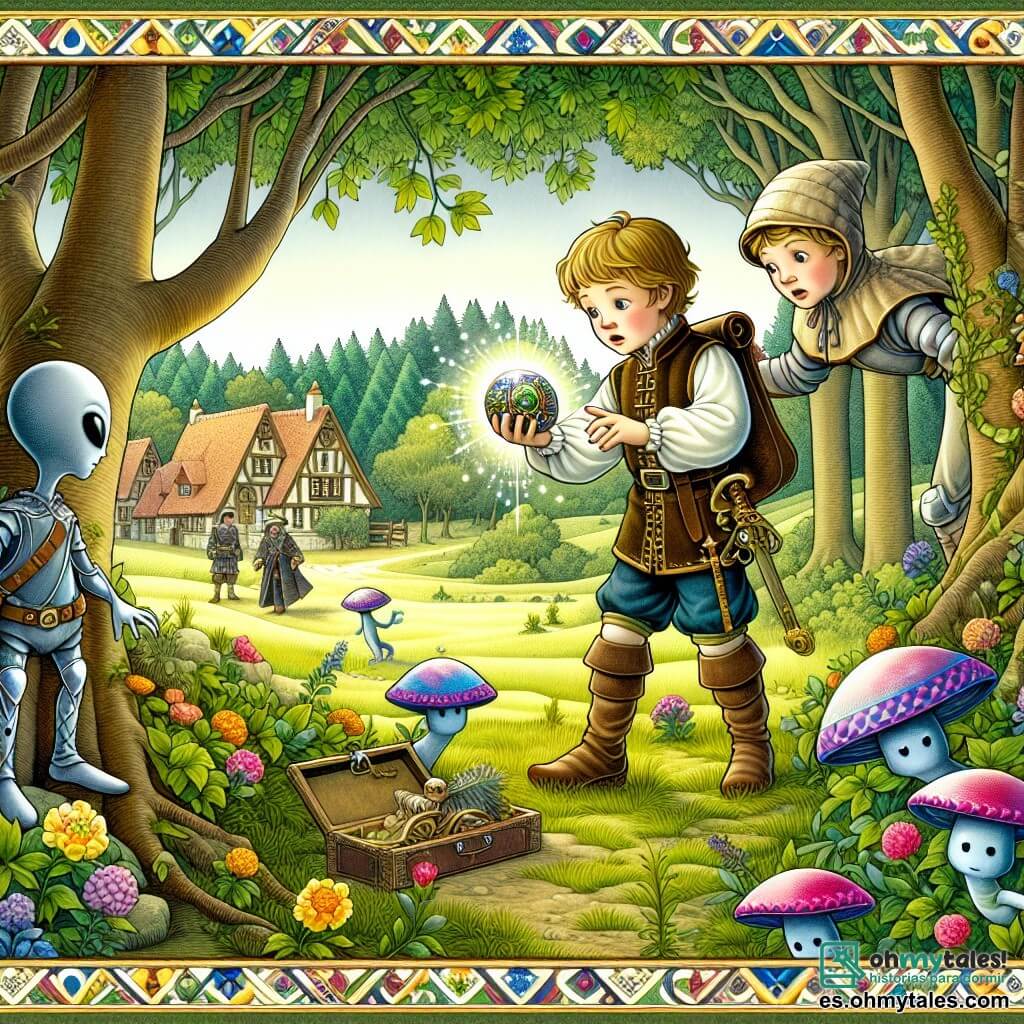Une illustration destinée aux enfants représentant un jeune garçon intrépide découvrant un objet mystérieux dans un bosque enchanté, accompagné de sympathiques extraterrestres aux couleurs vives, dans le paisible village de Villa Esperanza.