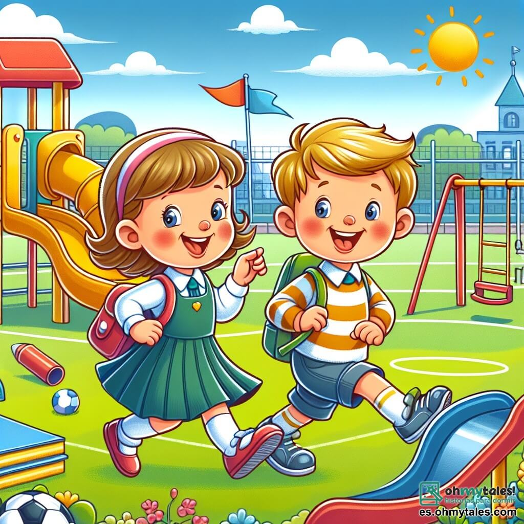 Une illustration destinée aux enfants représentant une fillette enjouée, une chasse au trésor à l'école, un garçon timide et le patio coloré de l'école avec des toboggans, des balançoires et une cancha de fútbol.