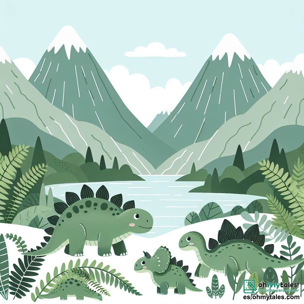 Une illustration destinée aux enfants représentant un stégosaure curieux et courageux, accompagné de ses amis dinosaures, explorant un vaste valle couvert de fougères géantes et entouré de montagnes majestueuses.