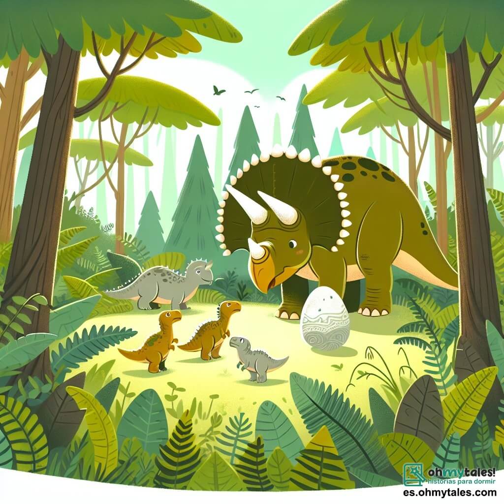 Une illustration destinée aux enfants représentant un tricératops courageux et bienveillant découvrant un mystérieux œuf de dinosaure avec ses amis, dans une forêt luxuriante aux arbres géants et au sol tapissé de fougères.