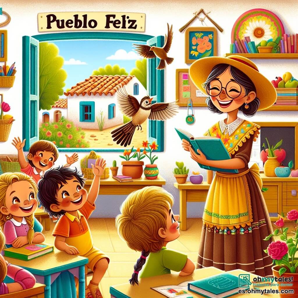Une illustration destinée aux enfants représentant une institutrice souriante enseignant à ses élèves dans une salle de classe colorée et accueillante, avec des livres et des plantes, tandis qu'un petit oiseau blessé attire l'attention d'un enfant attentif, dans un petit village appelé Pueblo Feliz.