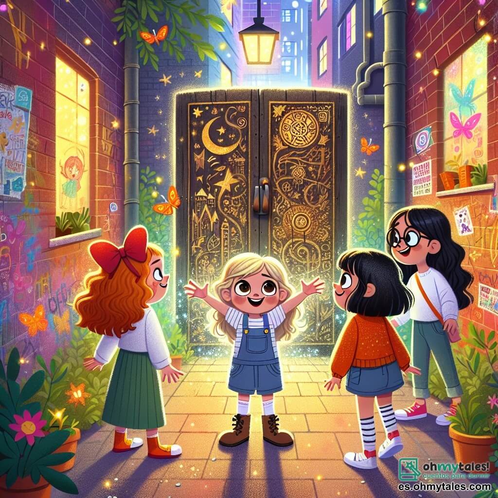 Ilustración que representa un estrecho y misterioso callejón en una ciudad moderna, con paredes cubiertas de grafitis coloridos y luces centelleantes que se filtran a través de las rendijas. Al fondo, una antigua puerta de madera, adornada con símbolos mágicos, se abre a un mundo fantástico. Cuatro niñas de aproximadamente seis años están en el centro de la imagen. Una de ellas, con cabello castaño y una gran sonrisa, lleva un lazo rojo en el pelo y mira la puerta con asombro. Otra, con cabello rubio y rizado, levanta los brazos al aire, como si estuviera lista para volar. La tercera, con gafas redondas y cabello castaño, sostiene un pequeño pájaro en su hombro, mientras que la última, con cabello negro y liso, toca una planta que parece florecer instantáneamente bajo sus dedos. La escena principal muestra a las niñas descubriendo el paso secreto hacia un mundo mágico, con sus rostros iluminados por la curiosidad y la emoción. Criaturas mágicas de colores brillantes vuelan a su alrededor, añadiendo un toque de magia a la atmósfera. Al fondo, árboles con hojas centelleantes y un cielo estrellado completan esta escena encantada, simbolizando la aventura que les espera.