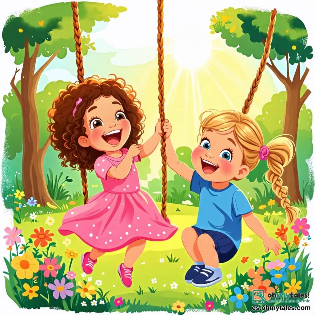 Une illustration sous forme de dessin destinée aux enfants représentant un parc ensoleillé avec des arbres verdoyants et des fleurs colorées, où une petite fille de 2 ans aux cheveux bouclés et aux yeux pétillants, vêtue d'une robe rose, rit joyeusement en se balançant sur un columpio, tandis qu'une autre petite fille de 3 ans aux cheveux blonds tressés, portant un t-shirt bleu, la pousse avec un grand sourire, illustrant ainsi l'amitié et le bonheur partagé dans un moment de jeu.