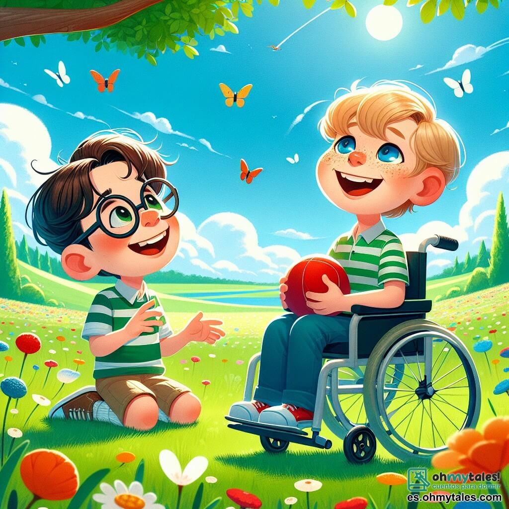 Ilustración que representa un hermoso campo verde bajo un cielo azul brillante, salpicado de nubes blancas esponjosas. En el centro, dos chicos, uno de aproximadamente 8 años, con cabello castaño y gafas, sentado en una silla de ruedas, sonriendo alegremente. El otro chico, también de 8 años, con cabello rubio y pecas, está a su lado sosteniendo una pelota roja. Están rodeados de flores coloridas, mariposas revoloteando y un gran árbol majestuoso al fondo. Los dos amigos ríen juntos, compartiendo un momento de complicidad y alegría, mientras una suave brisa hace bailar las hojas a su alrededor.