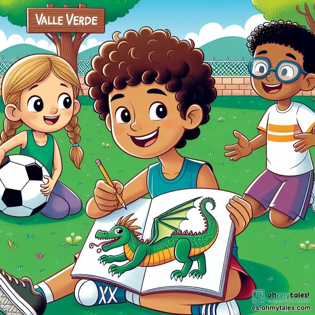 Une illustration sous forme de dessin destinée aux enfants représentant un parc ensoleillé de Valle Verde, avec un garçon de 12 ans aux cheveux bruns et bouclés, portant un t-shirt coloré et un short, assis sur l'herbe en train de dessiner un dragon dans son carnet, entouré de deux amis : une fille de 11 ans aux cheveux blonds et tressés, souriante et curieuse, qui admire le dessin, et un garçon de 11 ans avec des lunettes et des cheveux noirs, riant tout en tenant un ballon de football, illustrant un moment de camaraderie et de tolérance où les enfants découvrent et célèbrent leurs différences.