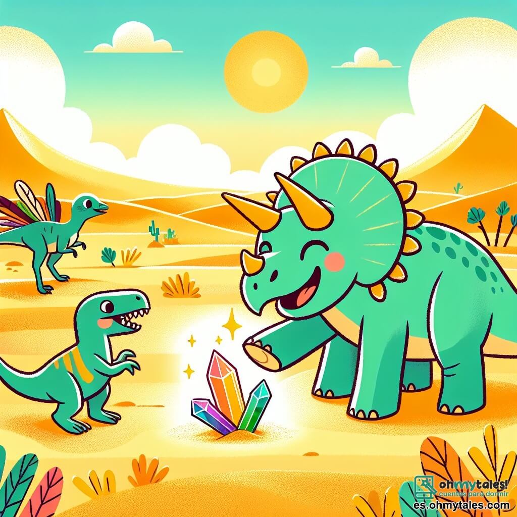 Une illustration sous forme de dessin destinée aux enfants représentant un vaste désert ensoleillé avec des dunes de sable doré, au centre un tricératops joyeux aux écailles vertes et aux trois cornes pointues, qui touche un cristal magique brillant de couleurs vives, tandis qu'un petit vélociraptor aux plumes colorées et un vieux stégosaure avec des plaques dorsales en forme de feuilles les observent avec émerveillement, créant une atmosphère de découverte et d'amitié dans un monde préhistorique enchanteur.