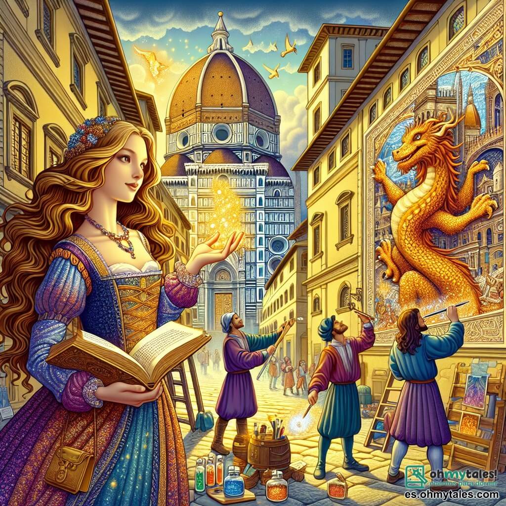 Une illustration sous forme de dessin destinée aux enfants représentant un vibrant paysage de la Florence Renaissance, avec ses bâtiments en pierre dorée et ses ruelles animées, où une jeune femme aux cheveux longs et ondulés, vêtue d'une robe colorée, se tient au centre, tenant un ancien livre de magie dans une main et un flacon scintillant dans l'autre, tandis qu'un petit dragon doré aux écailles brillantes flotte à ses côtés, observant avec curiosité un groupe d'artistes peignant un mural représentant Lorenzo de Médici, alors qu'elle s'apprête à inspirer son autre moi pour changer le cours de l'histoire.
