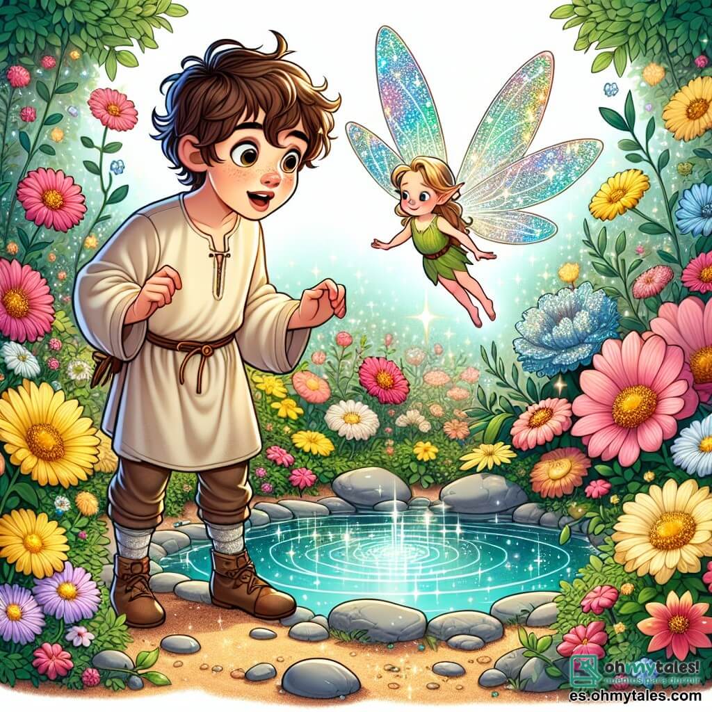 Une illustration sous forme de dessin destinée aux enfants représentant un jardin enchanté rempli de fleurs colorées et scintillantes, où un jeune garçon aux cheveux bouclés et aux yeux pétillants, vêtu d'une tunique simple, se tient avec émerveillement devant un étang cristallin, tandis qu'une petite fée lumineuse aux ailes iridescentes vole autour de lui, lui offrant un sourire encourageant, alors qu'ils se préparent à découvrir les merveilles du Jardin des Désirs, symbolisant l'amitié et la magie qui les unissent.