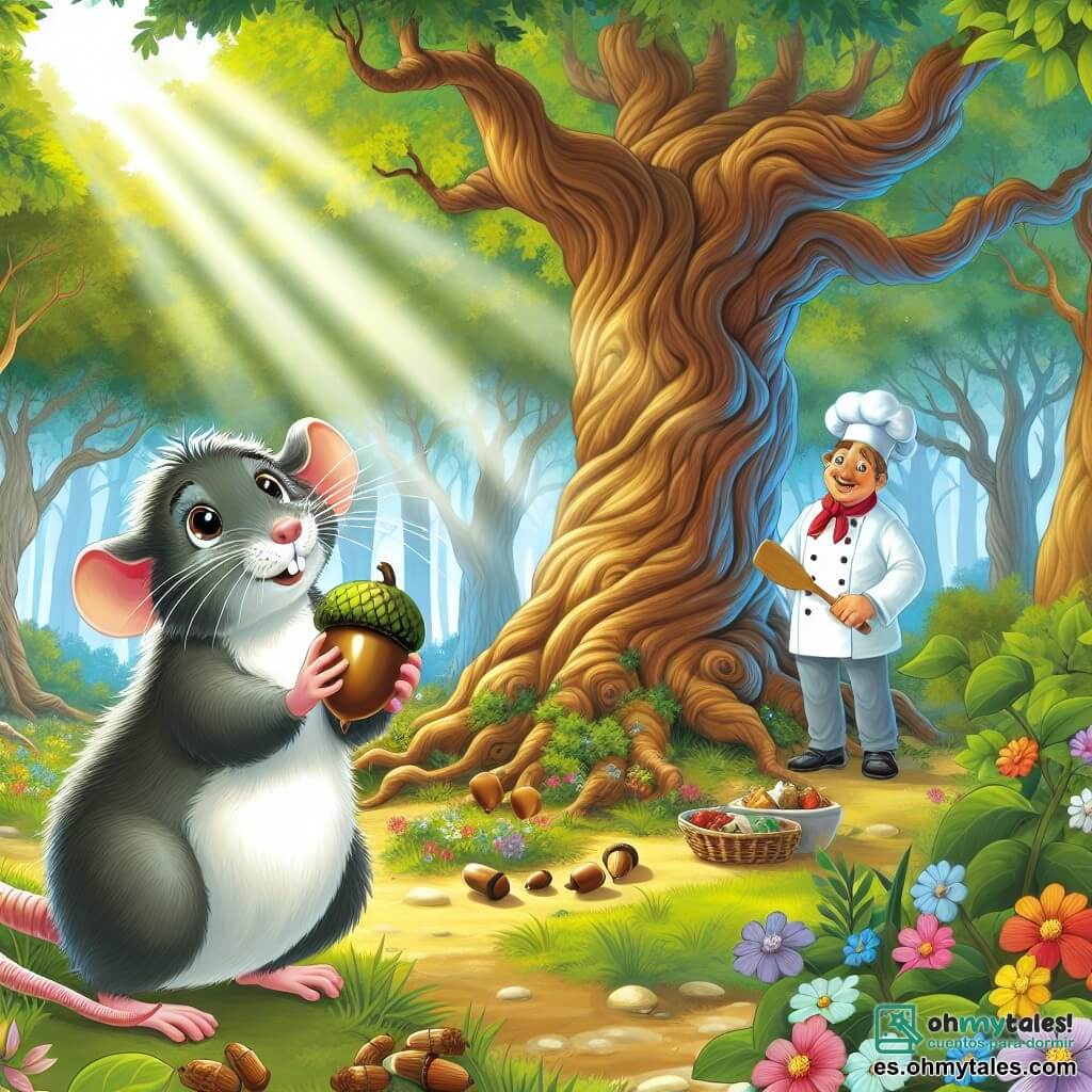 Ilustración que representa un claro de bosque soleado, donde grandes árboles de troncos retorcidos se elevan majestuosamente, con sus hojas verdes danzando suavemente al compás del viento. En el centro de la imagen, una pequeña rata de ojos brillantes y grandes bigotes temblorosos, con un suave pelaje gris, se sostiene sobre sus patas traseras, sosteniendo una hermosa bellota entre sus pequeñas patas delanteras, con un aire decidido y curioso. Cerca, un cocinero de rostro jovial, de unos 30 años, con un gorro blanco y una chaqueta de chef, observa la escena con una sonrisa, sosteniendo una espátula de madera, listo para ayudar. La situación principal muestra a la rata, en busca de bellotas, dirigiéndose al cocinero, mientras un rayo de luz filtra a través de las ramas, iluminando las hojas y creando una atmósfera mágica. Detalles adicionales incluyen flores coloridas esparcidas por el suelo, pájaros cantando en los árboles y una suave brisa que mueve las hojas, añadiendo un toque de vida a esta escena encantada.