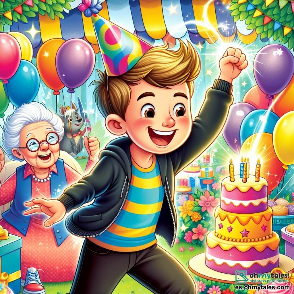 Une illustration destinée aux enfants représentant un garçon plein d'énergie et d'enthousiasme, découvrant un mystérieux pouvoir magique lors de sa fête d'anniversaire, entouré de sa grand-mère bienveillante, dans un jardin coloré rempli de ballons et de gâteaux.