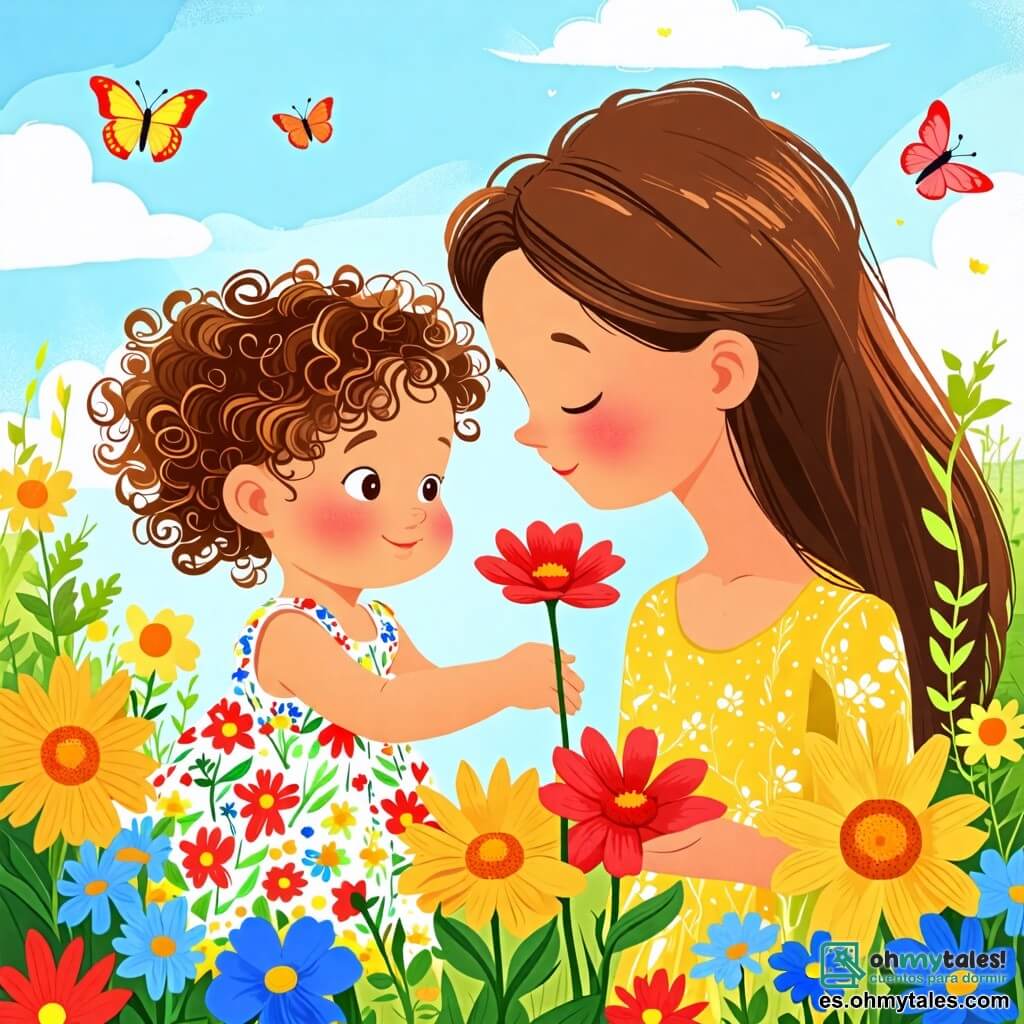 Une illustration sous forme de dessin destinée aux enfants représentant un jardin en pleine floraison au printemps, avec des fleurs colorées aux teintes vives de jaune, rouge et bleu, au centre une petite fille de 2 ans aux cheveux bouclés et aux yeux pétillants, vêtue d'une robe légère à motifs floraux, qui touche délicatement une fleur rouge avec émerveillement, tandis qu'à ses côtés, sa maman, une femme souriante aux cheveux longs et bruns, l'observe avec tendresse, le ciel bleu en arrière-plan parsemé de quelques nuages blancs et des mariposas colorées volant autour d'eux, créant une atmosphère joyeuse et enchanteresse.