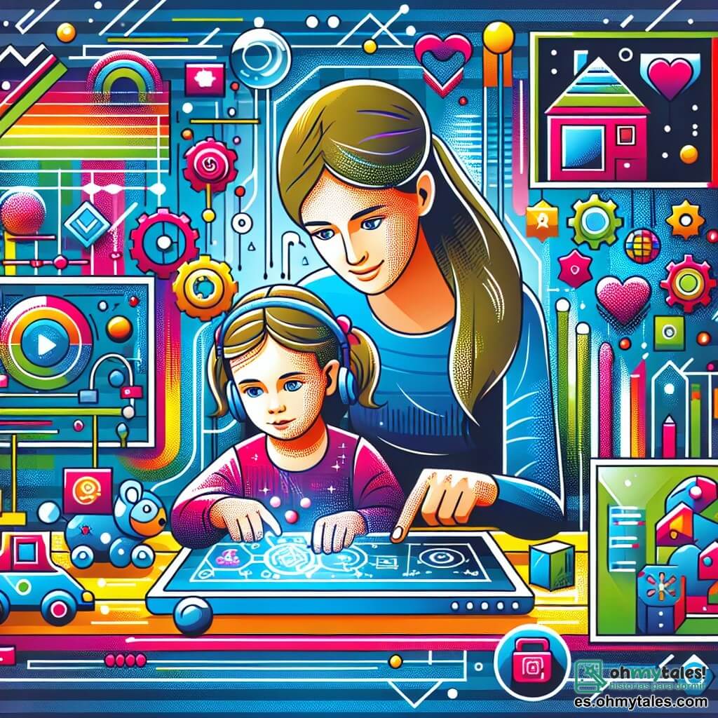 Une illustration destinée aux enfants représentant une petite fille curieuse et imaginative, plongée dans un monde virtuel captivant, accompagnée de sa mère bienveillante, dans une chambre colorée remplie de jouets et d'écrans lumineux.