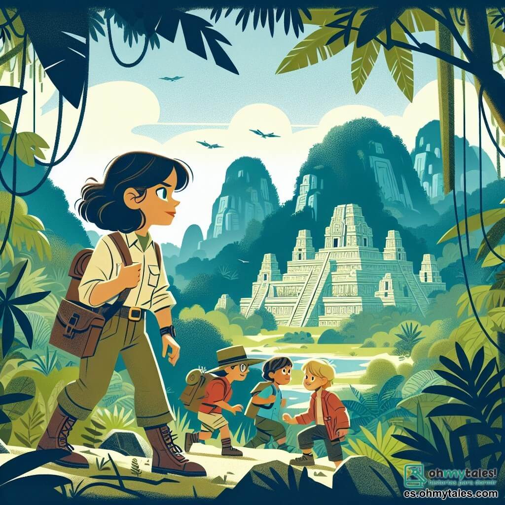 Une illustration destinée aux enfants représentant une courageuse archéologue femme, accompagnée de jeunes garçons et filles, explorant les mystérieuses ruines d'une cité perdue au cœur de la luxuriante jungle.