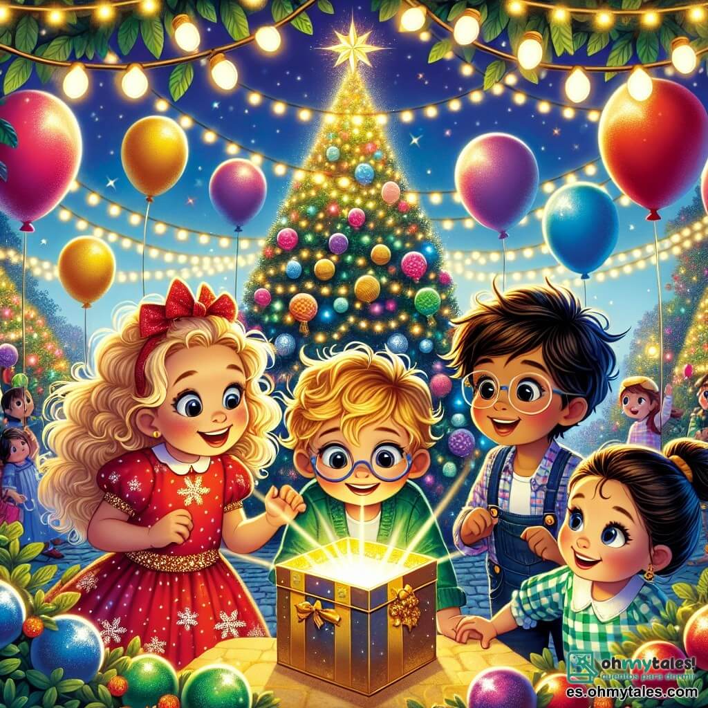 Ilustración que representa un jardín colorido y festivo, decorado con guirnaldas luminosas brillantes y globos multicolores flotando en el aire. En el centro, un gran árbol de Navidad brilla intensamente, adornado con bolas centelleantes y una estrella dorada en la cima. Cuatro niños, dos niñas y dos niños de cinco años, están reunidos alrededor de una pequeña caja brillante. La primera niña, con cabello rizado y rubio, lleva un vestido rojo con motivos de copos de nieve. La segunda niña, con cabello liso y castaño, viste una túnica verde y sonríe con asombro. El primer niño, con cabello castaño y gafas, lleva un suéter azul y mira la caja con curiosidad. El segundo niño, de cabello negro y juguetón, está vestido con una camisa a cuadros y señala la caja con emoción. La escena principal muestra a los niños descubriendo una caja mágica que contiene un mensaje secreto sobre la búsqueda de la alegría eterna, rodeados de una atmósfera de fiesta y camaradería. Estrellas brillantes flotan a su alrededor, añadiendo un toque de magia a la ilustración.