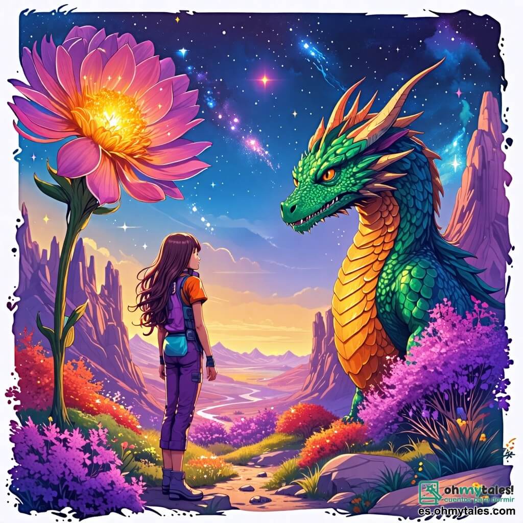 Une illustration sous forme de dessin destinée aux enfants représentant un paysage fantastique du planète Zorax, avec des montagnes colorées en violet et des arbres scintillants, où une jeune femme aux cheveux longs et brillants, vêtue d'une combinaison spatiale colorée, se tient émerveillée devant une magnifique Fleur de Luz qui brille intensément, tandis qu'un dragon de feu aux écailles dorées et des yeux pétillants, ainsi qu'un grand gardien de la nature avec une peau verte et des yeux sages, l'observent avec curiosité, illustrant ainsi la rencontre magique entre les explorateurs humains et les créatures de ce monde extraordinaire.