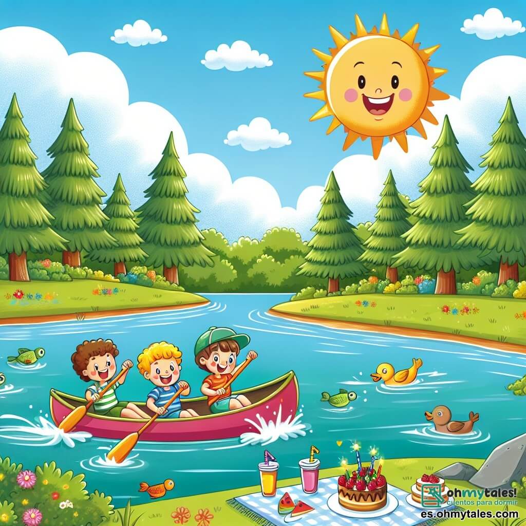 Ilustración que representa un hermoso lago soleado rodeado de grandes árboles verdes y un cielo azul claro salpicado de algunas nubes blancas. A la orilla del lago, tres niños se divierten en una canoa colorida: un niño de 8 años con cabello castaño y gafas de sol, que rema con entusiasmo, otro niño de 9 años con cabello rubio, sonriendo y riendo, que lo ayuda a remar, y una niña de 7 años con cabello rizado y una gorra, que los anima desde otra canoa. La escena transmite una atmósfera alegre y veraniega, con peces saltando en el agua y patos flotando pacíficamente cerca. Pasteles y bebidas coloridas están sobre una manta en la orilla, añadiendo un toque de convivialidad a este inolvidable día de verano.