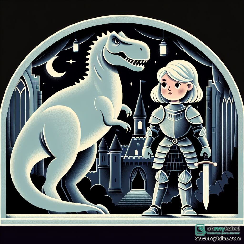 Une illustration destinée aux enfants représentant une jeune chevalière courageuse affrontant un tyrano dans un château sombre et mystérieux, accompagnée de son fidèle destrier blanc.