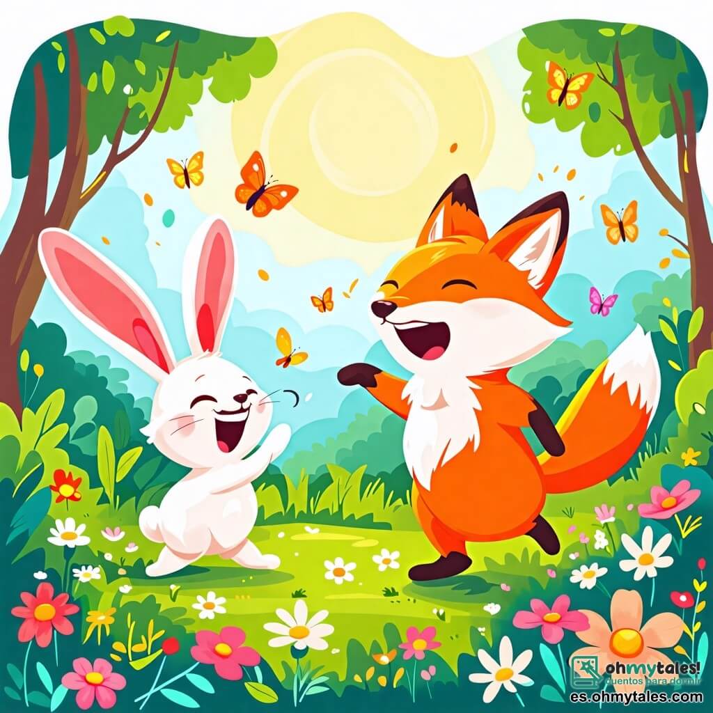 Une illustration sous forme de dessin destinée aux enfants représentant une clairière ensoleillée dans une forêt verdoyante, où un renard au pelage orange vif et aux yeux malicieux danse joyeusement tout en faisant des grimaces, entouré d'un petit lapin aux grandes oreilles et à la fourrure blanche qui rit aux éclats, le tout capturant l'esprit ludique d'un jeu amusant entre amis, avec des fleurs colorées et des papillons virevoltant autour d'eux.