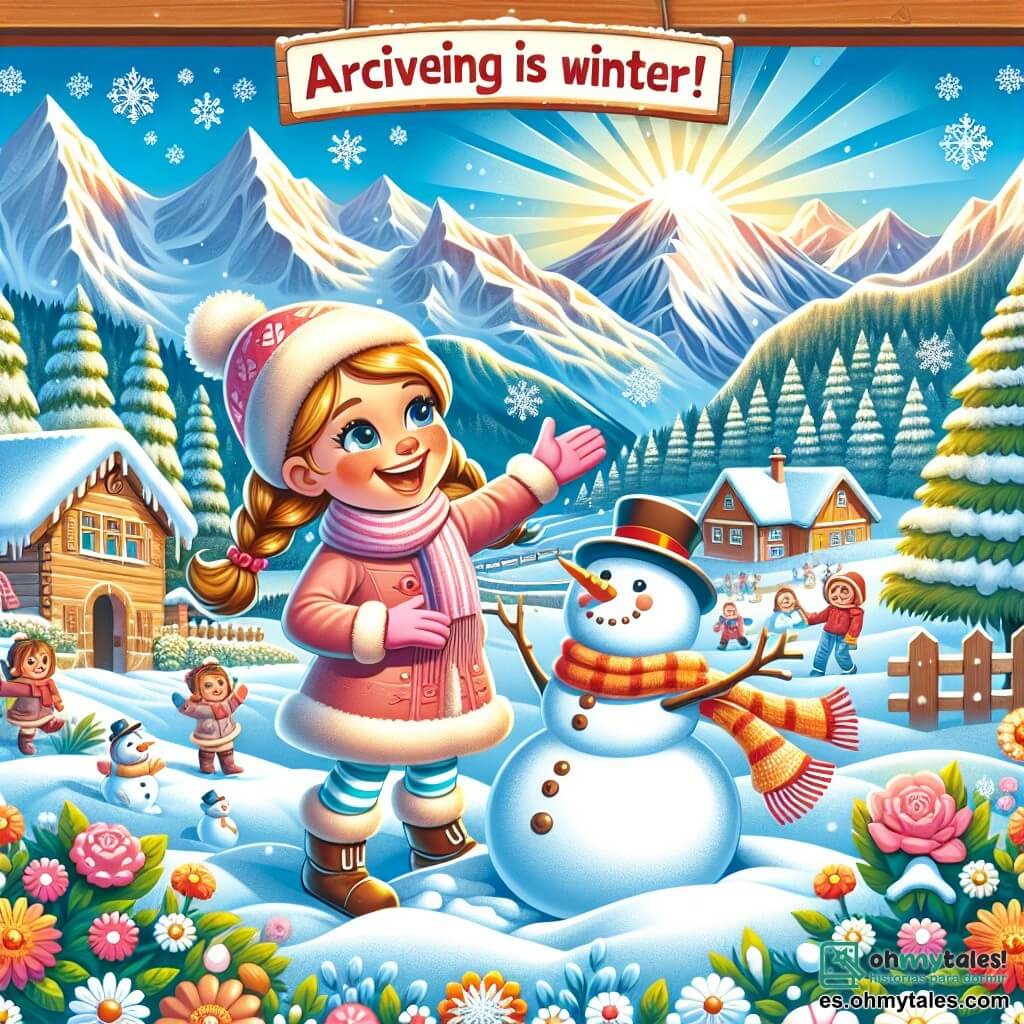 Une illustration destinée aux enfants représentant une petite fille joyeuse, entourée de montagnes enneigées, qui découvre l'arrivée de l'hiver et s'amuse avec son amie à construire un muñeco de nieve dans son joli jardin.