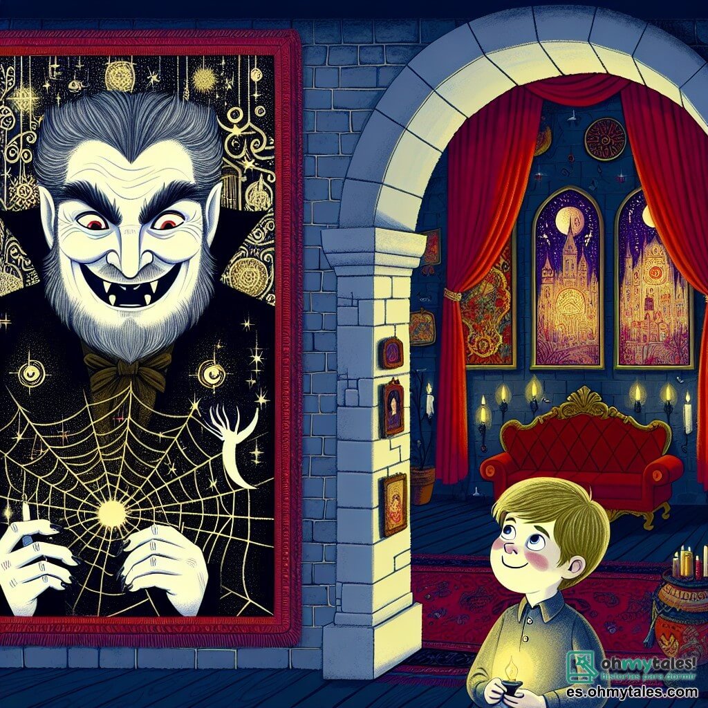 Une illustration destinée aux enfants représentant un vampire au sourire malicieux, faisant une blague à un petit garçon curieux, dans un château enchanté avec des murs couverts de toiles d'araignées brillantes, des fenêtres drapées de velours rouge et des tableaux magiques qui prennent vie.