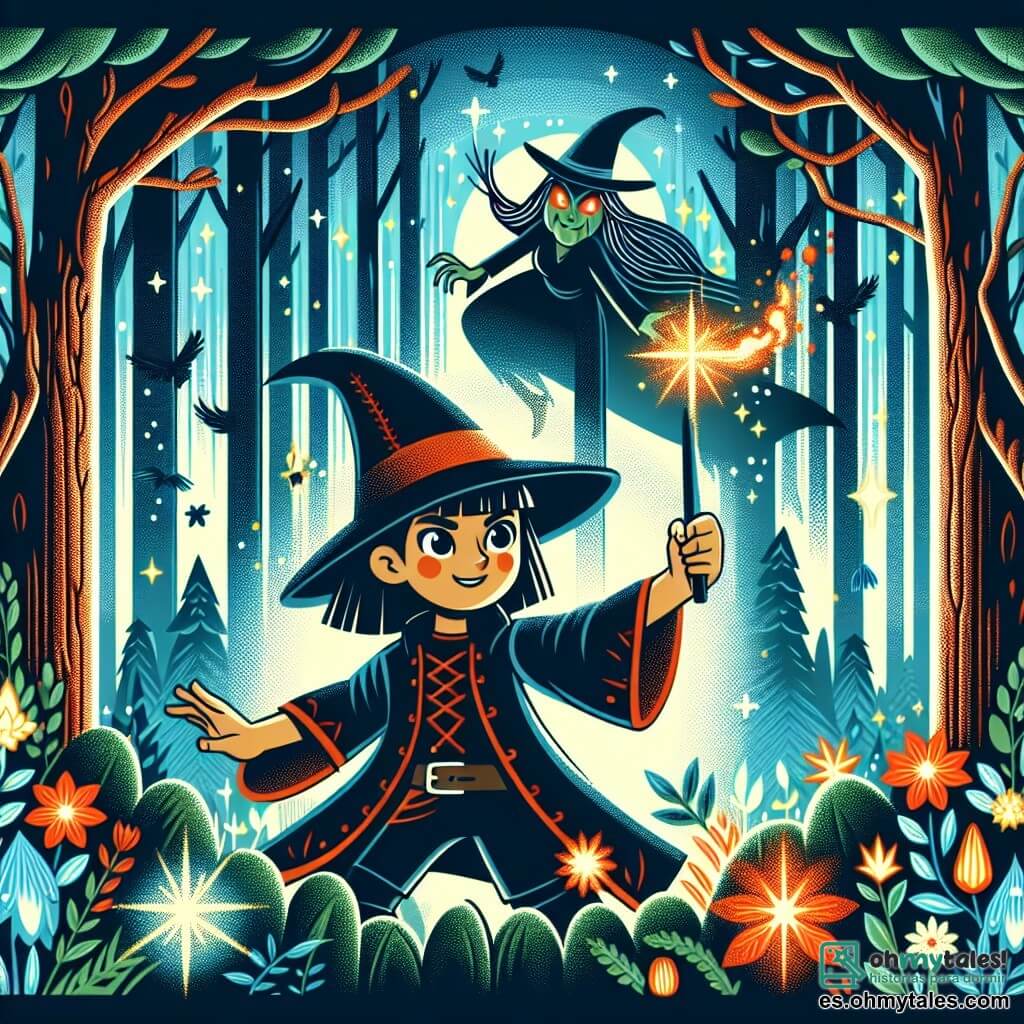 Une illustration destinée aux enfants représentant un jeune sorcier aux cheveux ébène, doté de pouvoirs magiques, affrontant une sorcière maléfique aux yeux rouges brillants, dans une forêt enchantée aux arbres géants et aux fleurs lumineuses.