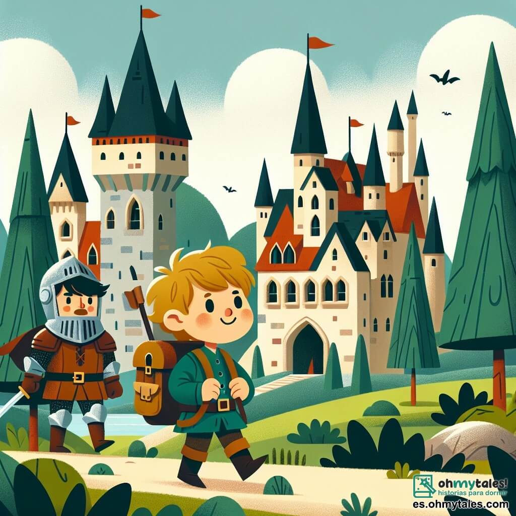 Une illustration destinée aux enfants représentant un petit garçon, plongé dans une aventure extraordinaire à l'époque médiévale, accompagné d'un courageux chevalier, dans un cadre majestueux d'un château entouré de grands arbres verdoyants.