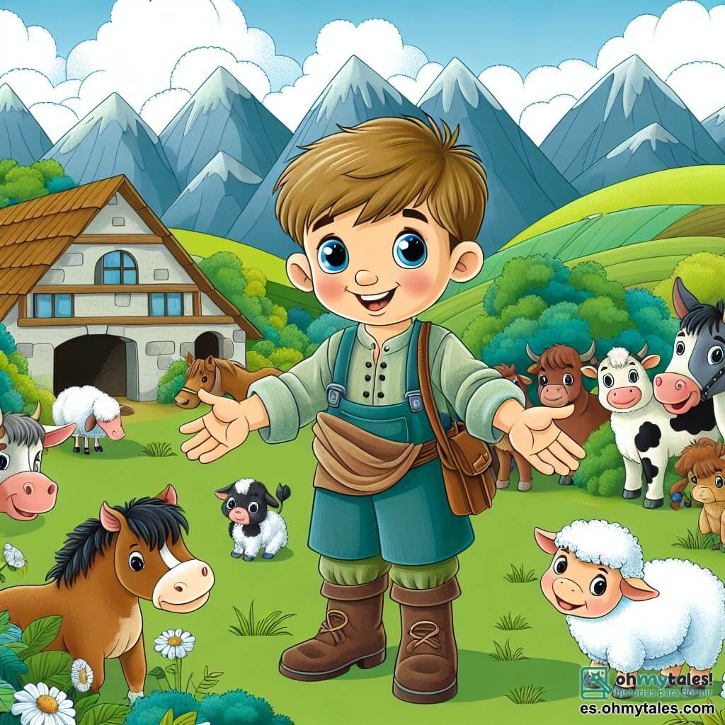 Une illustration destinée aux enfants représentant un jeune garçon souriant, vêtu de haillons, qui travaille dur dans une ferme entourée de montagnes verdoyantes, avec des animaux adorables comme un cheval, une vache et une oveille, et un généreux fermier qui lui offre une lueur d'espoir dans sa lutte contre la pauvreté.