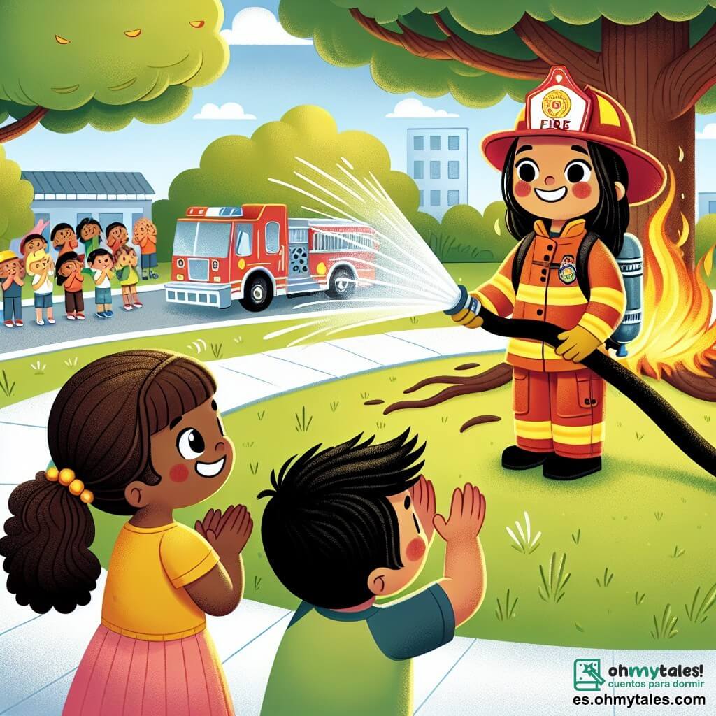Une illustration sous forme de dessin destinée aux enfants représentant un parc ensoleillé avec un grand arbre en feu, au centre, une femme pompière courageuse avec un casque rouge brillant et un uniforme jaune, tenant une manguera d'eau, tandis que deux enfants, un garçon aux cheveux bruns et une fille aux cheveux blonds, regardent avec admiration et enthousiasme, applaudissant et encourageant la pompière qui s'apprête à éteindre les flammes, créant une atmosphère de camaraderie et de bravoure.